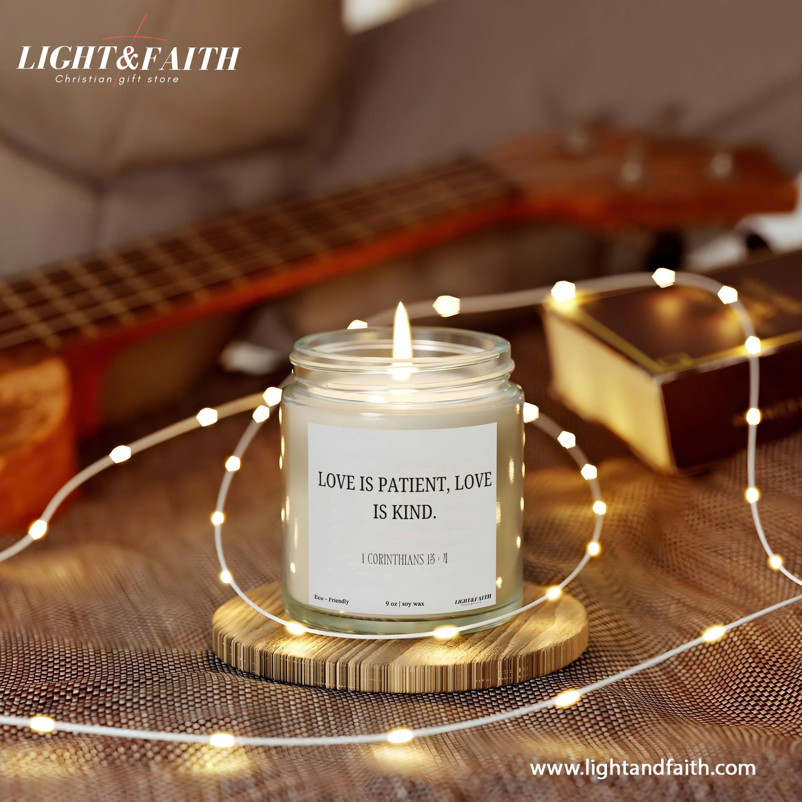 Bible Verse Candle, 1 Corinthians 13:4 Love is Patient Love is Kind, Christian Gift for Her Wedding Candle Eco-Friendly Scripture Decor CDLAF15